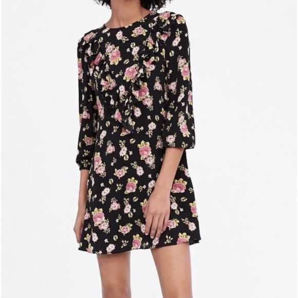 ZARA 🐾 The Sandy Dress Floral Mini Ruffled Black Pink, Size large - Picture 1 of 6